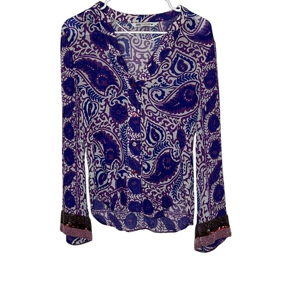 Zara Purple & White Paisley Button-Up Blouse With Beaded Cuffs M Medium - Picture 2 of 9